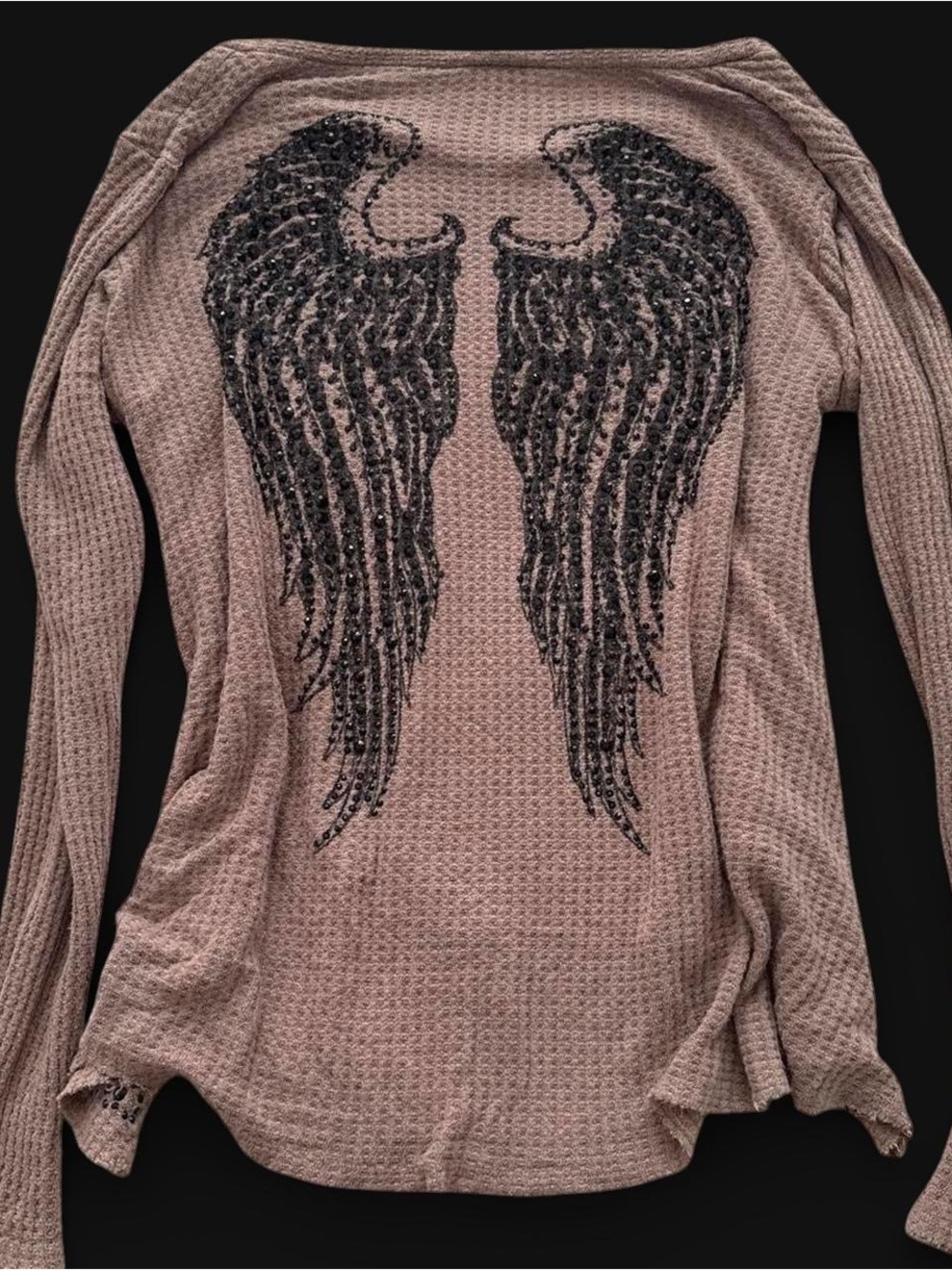 vocal light brown long sleeve top with black rhinestone angel wings